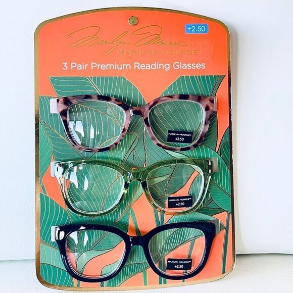 NWT 3 Pack 2.50 Marilyn Monroe Premium Reading Glasses Black, Brown & Tan - Picture 1 of 8